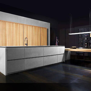 contemporary kitchen / walnut / cement / island