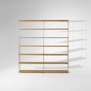 contemporary shelf / oak / lacquered MDF / powder-coated steel