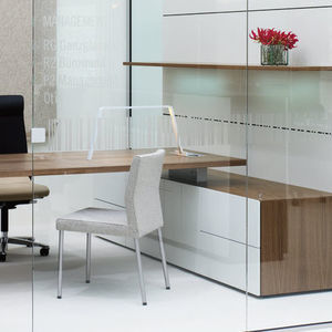 low filing cabinet / wood veneer / aluminum / glass