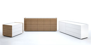 low filing cabinet / wood veneer / aluminum / glass