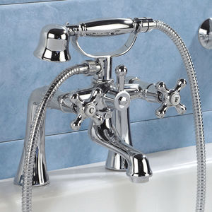 double-handle bathtub mixer tap / free-standing / chromed metal / bathroom