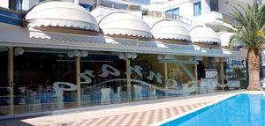 sliding and stacking partition / glazed / professional / arched