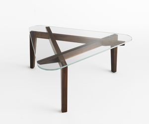 contemporary coffee table / walnut / tempered glass / triangular