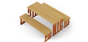contemporary bench and table set / solid wood / galvanized steel / for public spaces