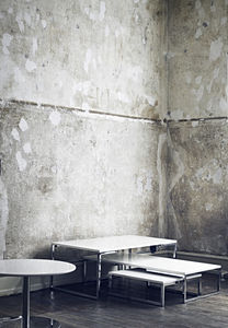 contemporary side table / stainless steel / round / white