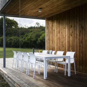 contemporary table / stainless steel / glass / HPL