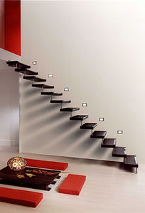 straight staircase / wooden steps / overhead / without risers
