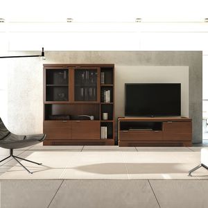 contemporary TV wall unit / wooden / glass