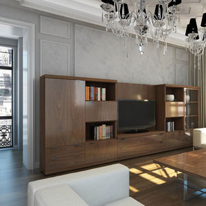 contemporary TV wall unit / wooden / glass