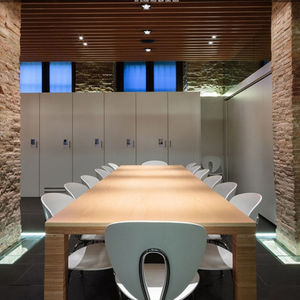 wooden suspended ceiling / strip / acoustic / flame-retardant