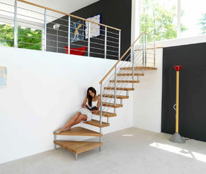 quarter-turn staircase / metal frame / wooden steps / overhead