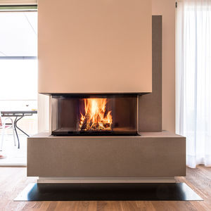 wood-burning fireplace / contemporary / closed hearth / 3-sided