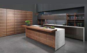 contemporary kitchen / walnut / marble / stainless steel