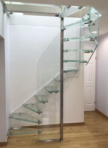 half-turn staircase / stainless steel frame / glass frame / glass steps