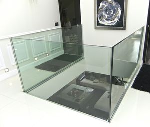indoor railing / glass / with panels / for mezzanines