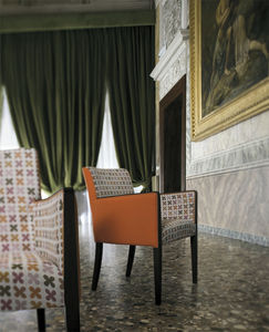 contemporary armchair / beech / leather / canvas