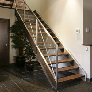 straight staircase / glass railing / stainless steel frame / wooden steps