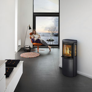 wood heating stove / contemporary / 3-sided / cast iron