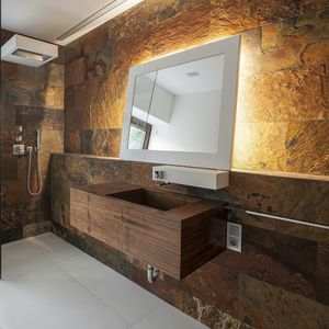 wall-mounted washbasin / rectangular / wooden / contemporary