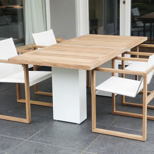 contemporary dining table / teak / polished metal / brushed stainless steel