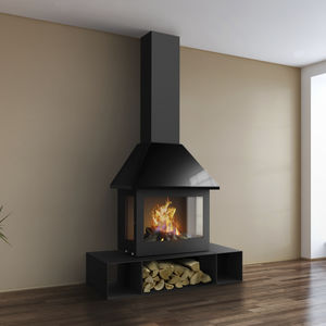 wood-burning fireplace / contemporary / closed hearth / 3-sided