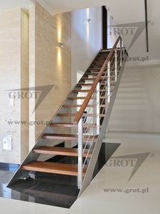 half-turn staircase / straight / metal frame / wooden steps