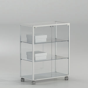 contemporary display case / glass / low / on casters