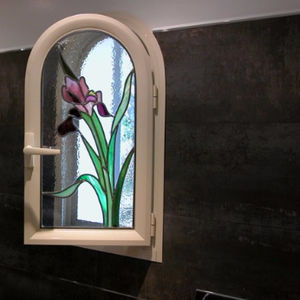 casement window / metal / stained glass / curved