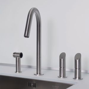 free-standing double-handle mixer tap / stainless steel / kitchen / 4-hole