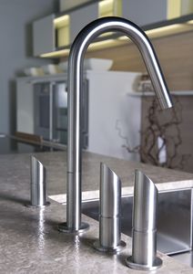 free-standing double-handle mixer tap / stainless steel / kitchen / 4-hole