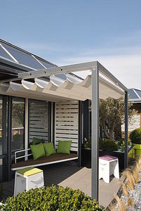 wall-mounted pergola / aluminum / fabric sliding canopy