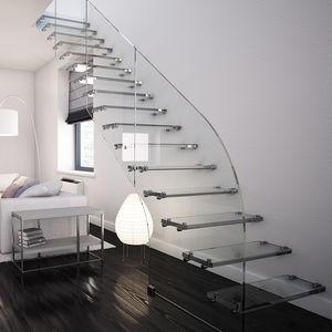 straight staircase / glass railing / glass steps / overhead