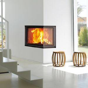 wood-burning fireplace / contemporary / closed hearth / corner