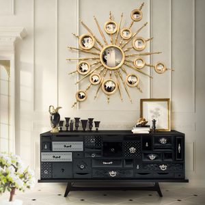 wall-mounted mirror / original design / round / lacquered wood