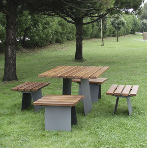 contemporary bench and table set / wooden / steel / garden