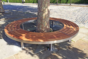 steel tree guard / wooden / with integrated public bench
