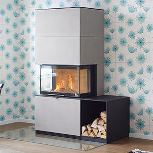 wood-burning fireplace / contemporary / closed hearth / 3-sided