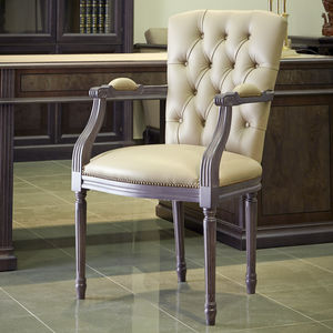 traditional visitor chair / with armrests / upholstered / wooden