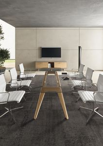 contemporary boardroom table / glass / wood veneer / round