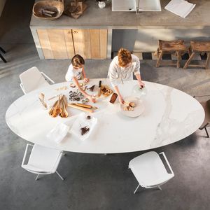 contemporary dining table / glass / stainless steel / ceramic