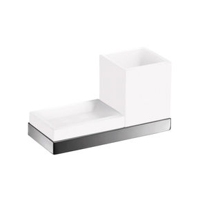 wall-mounted soap dish / metal / glass / with toothbrush holder