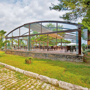 self-supporting pergola / aluminum / glass / fabric sliding canopy