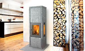 wood heating stove / contemporary / 3-sided / stone