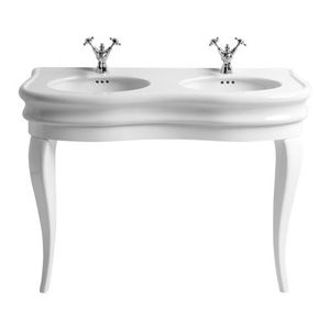 double washbasin / free-standing / ceramic / solid wood