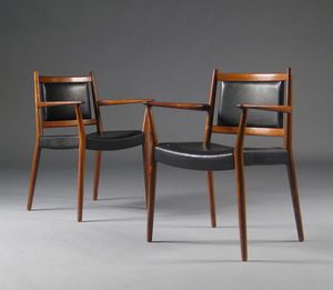 Scandinavian design dining chair / upholstered / with armrests / leather