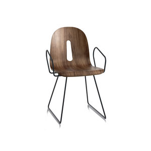 contemporary chair / with armrests / sled base / walnut