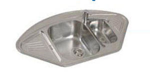 double kitchen sink / stainless steel / corner / with drainboard