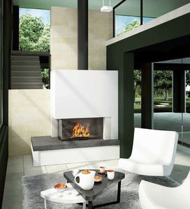 wood-burning fireplace / contemporary / closed hearth / corner