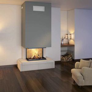wood-burning fireplace / contemporary / closed hearth / 3-sided