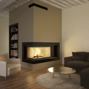 wood-burning fireplace / contemporary / closed hearth / corner
